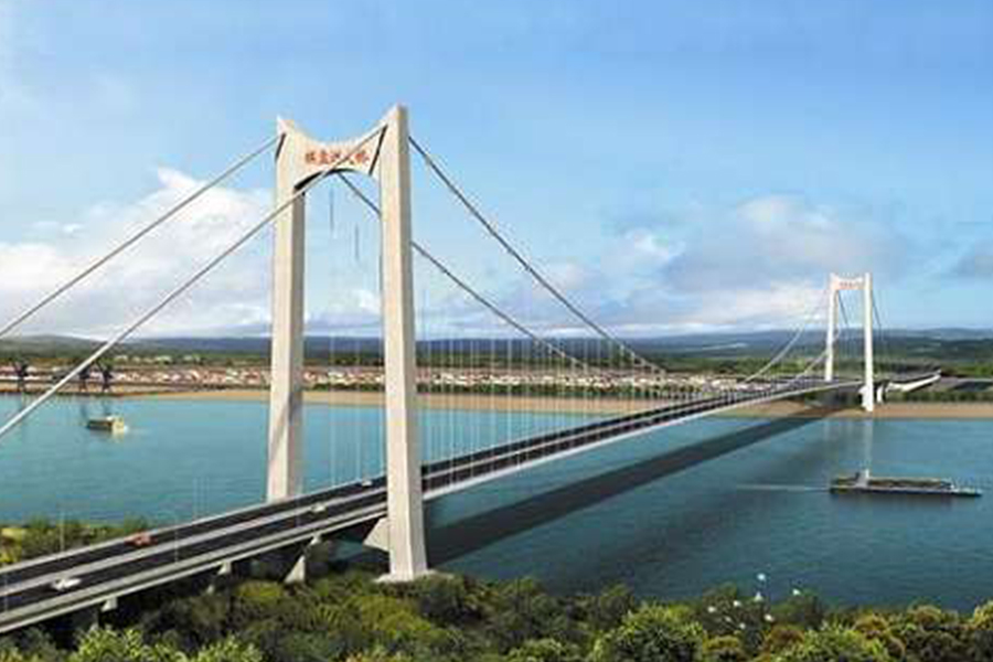 湖北棋盤洲長(zhǎng)江公路大橋?yàn)榈劐^式懸索橋,主跨1038米。.jpg